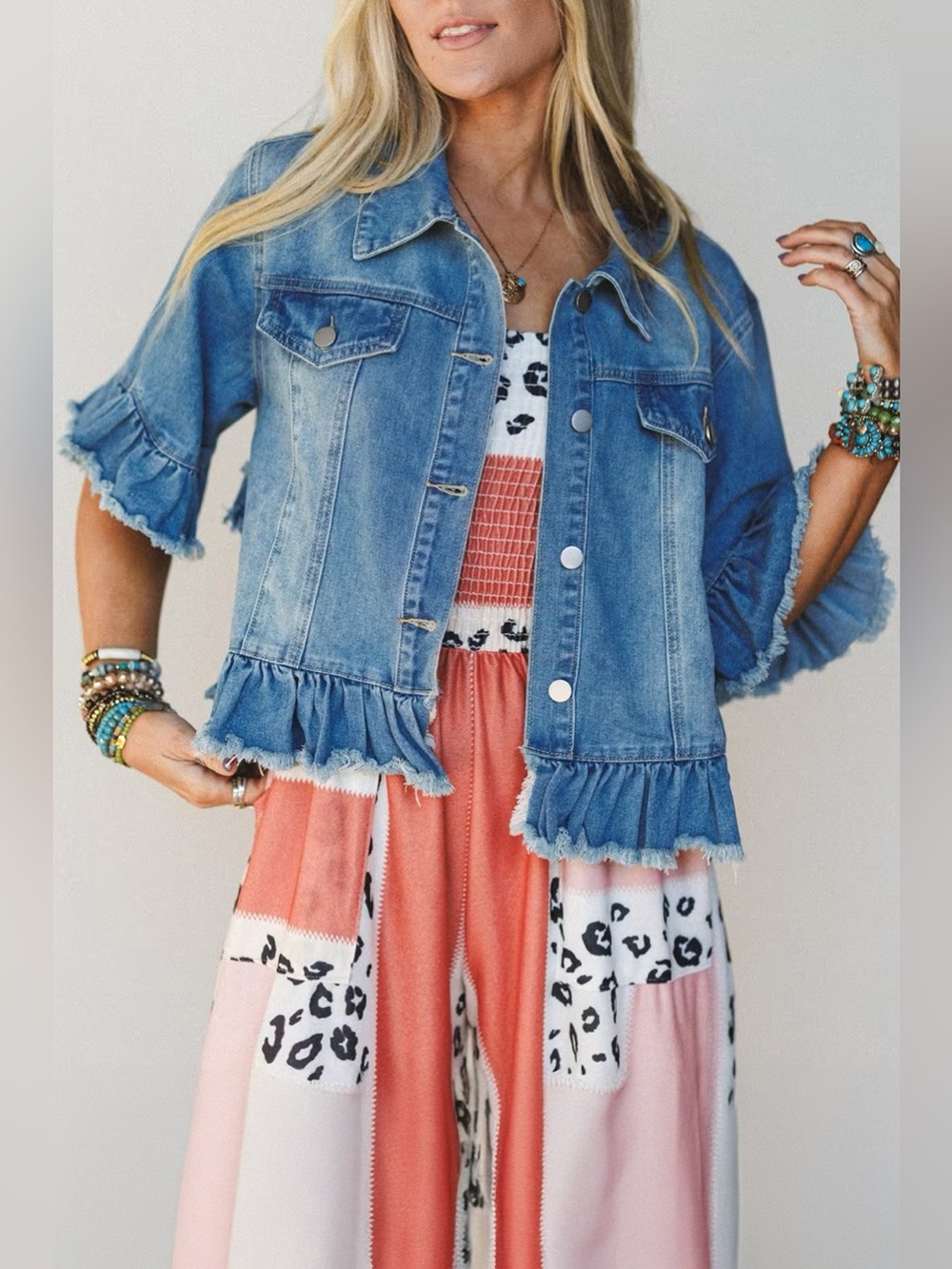 Ruffle Hem Raw Edge Half Sleeve Western Denim Jacket